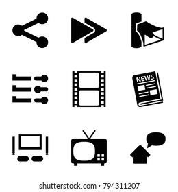 Media Icons. Set Of 9 Editable Filled Media Icons Such As Tv, Movie Tape, Volume, Fast Forward, Slider, Share, News, Tv Set