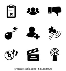 Media icons set. Set of 9 Media filled icons such as movie clapper, disc on fire, signal, satellite, group, dislike, add friend, bomb