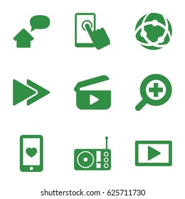 Media icons set. set of 9 media filled icons such as heart mobile, fast forward, radio, zoom in, play, home message, touchscreen