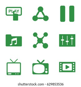 Media icons set. set of 9 media filled icons such as finger pressing play button, tv, pause, sliders, music folder, share, movie tape