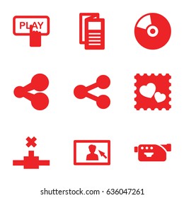 Media icons set. set of 9 media filled icons such as finger pressing play button, news, photo with heart, camera, camera display, cd, share