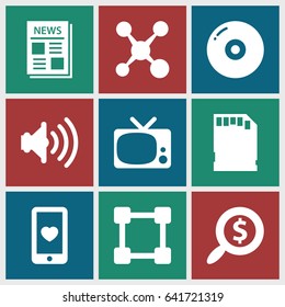 Media icons set. set of 9 media filled icons such as heart mobile, news, volume, memory card, search dollar, tv, share, disc