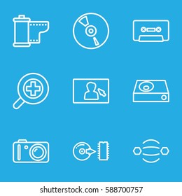 media icons set. Set of 9 media outline icons such as dvd player, CD, cassette, disc, camera, camera tape, zoom in, camera display