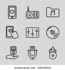 Media icons set. set of 9 media outline icons such as heart mobile, radio, sliders, music folder, mp3 player on hand, CD fire, CD, microphone