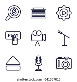 Media icons set. set of 9 media outline icons such as camera, business center building, finger pressing play button, eject button, microphone, play in gear