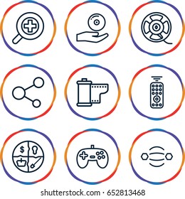 Media icons set. set of 9 media outline icons such as share, film tape, cd on hand, camera tape, zoom in, remote control, atom interaction, joystick