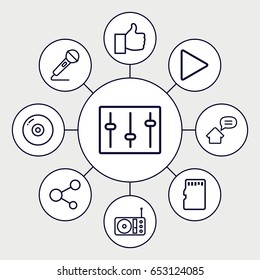Media icons set. set of 9 media outline icons such as share, play, sliders, microphone, radio, memory card, home message, disc