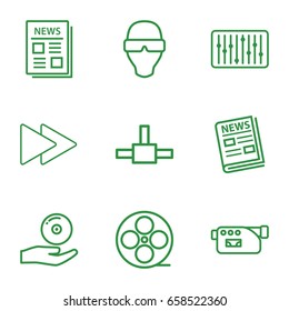 Media Icons Set. Set Of 9 Media Outline Icons Such As Movie Tape, News, Camera, Fast Forward, Slider, Cd On Hand, Man In Smart Glasses