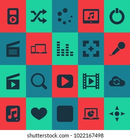 Media icons set with audio, shuffle, search and other movie elements. Isolated vector illustration media icons.