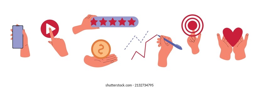 Media icons set, business, hand draw graph, social media promotion, profit and charity. Isolated drawings of human hands with a phone.