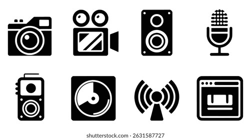 Media icons set camera video microphone speaker music player webpage