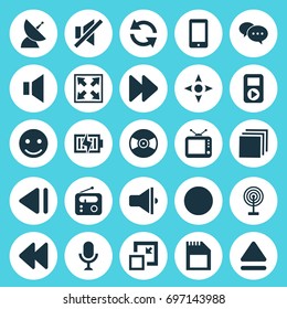 Media Icons Set. Collection Of Arrow, Bullhorn, Next And Other Elements. Also Includes Symbols Such As Sync, Top, Telephone.
