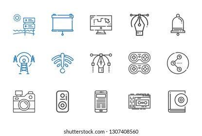 media icons set. Collection of media with audiobook, recorder, news, speaker, camera, share, gamepad, vector, signal, antenna, notification. Editable and scalable media icons.