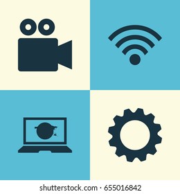 Media Icons Set. Collection Of Camcorder, Laptop, Wireless Connection And Other Elements. Also Includes Symbols Such As Gear, Setting, Connection.