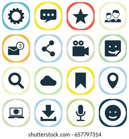 Media Icons Set. Collection Of Chat, Message, Magnifier And Other Elements. Also Includes Symbols Such As Share, Location, Publish.