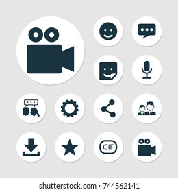 Media Icons Set. Collection Of Conversation, Down Arrow, Video Chat And Other Elements. Also Includes Symbols Such As Emoji, Friend, Cogwheel.