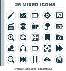 Media Icons Set. Collection Of Energy, Gear, Forward And Other Elements. Also Includes Symbols Such As Cloud, Pause, Tuner.