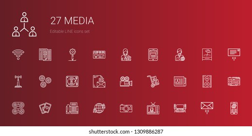 media icons set. Collection of media with home cinema, television, photo camera, network, fax, cards, gamepad, newspaper, packs, video camera. Editable and scalable media icons.