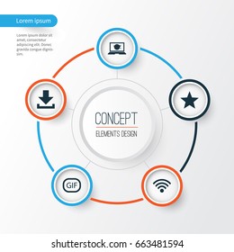 Media Icons Set. Collection Of Laptop, Wireless Connection, Down Arrow And Other Elements. Also Includes Symbols Such As Favorite, Connection, Social.