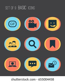 Media Icons Set. Collection Of Message, Gif Sticker, Magnifier And Other Elements. Also Includes Symbols Such As Seek, Animation, Partnership.