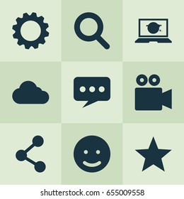 Media Icons Set. Collection Of Message, Gear, Publish And Other Elements. Also Includes Symbols Such As Video, Clouded, Seek.