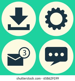 Media Icons Set. Collection Of Message, Gear, Inbox And Other Elements. Also Includes Symbols Such As Cogwheel, Download, Notification.