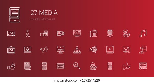 media icons set. Collection of media with news, news reporter, zoom in, vhs, video player, camera, networking, megaphone, television, pictures. Editable and scalable media icons.