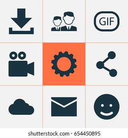 Media Icons Set. Collection Of Partnership, Gear, Overcast And Other Elements. Also Includes Symbols Such As Share, Download, Message.