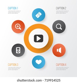 Media Icons Set. Collection Of Play, Heart, Zoom In And Other Elements. Also Includes Symbols Such As Lover, Begin, Remote.