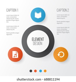 Media Icons Set. Collection Of Playlist, Learning, Refresh And Other Elements. Also Includes Symbols Such As Book, Playlist, Textbook.