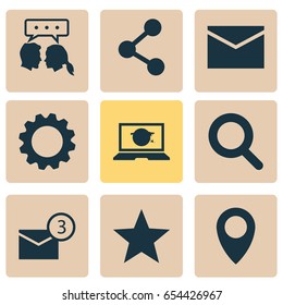 Media Icons Set. Collection Of Publish, Inbox, Magnifier And Other Elements. Also Includes Symbols Such As Share, Network, Dialog.