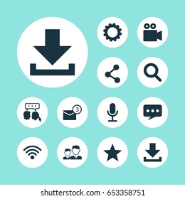 Media Icons Set. Collection Of Star, Down Arrow, Conversation And Other Elements. Also Includes Symbols Such As Wifi, Dialog, Share.
