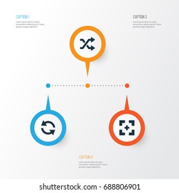 Media Icons Set. Collection Of Synchronize, Randomize, Target Elements. Also Includes Symbols Such As Mix, Target, Refresh.