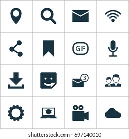 Media Icons Set. Collection Of Video Chat, Partnership, Pin And Other Elements. Also Includes Symbols Such As Wifi, Gear, Cogwheel.
