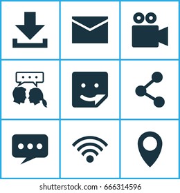 Media Icons Set. Collection Of Wireless Connection, Publish, Chat And Other Elements. Also Includes Symbols Such As Sticker, Down, Letter.