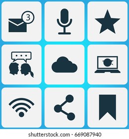 Media Icons Set. Collection Of Wireless Connection, Video Chat, Laptop And Other Elements. Also Includes Symbols Such As Publish, Notification, Laptop.