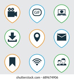 Media Icons Set. Collection Of Wireless Connection, Letter, Camcorder And Other Elements. Also Includes Symbols Such As Download, Conversation, Location.