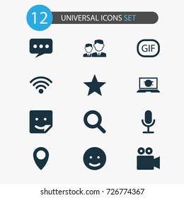 Media Icons Set. Collection Of Wireless Connection, Magnifier, Smile And Other Elements. Also Includes Symbols Such As Friend, Conversation, Star.