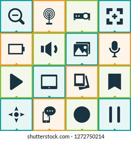 Media icons set with controller, tablet, bookmark and other target elements. Isolated vector illustration media icons.