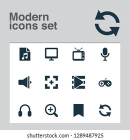 Media icons set with display, microphone, bookmark and other target elements. Isolated vector illustration media icons.