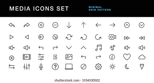 media icons set editable stroke vector file. video player, music, gallery, settings, sound ui symbols 