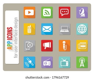 Iconos de medios ajustados en diseño plano con sombra larga