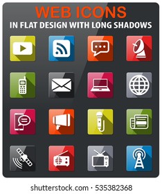 Media icons set in flat design with long shadow