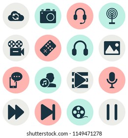 Media icons set with image, earphone, synchronize and other picture elements. Isolated vector illustration media icons.