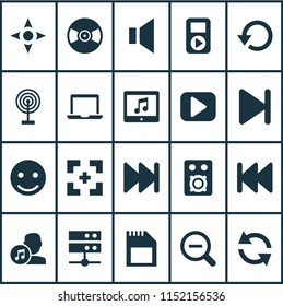 Media icons set with laptop, mute, sd card and other play elements. Isolated vector illustration media icons.