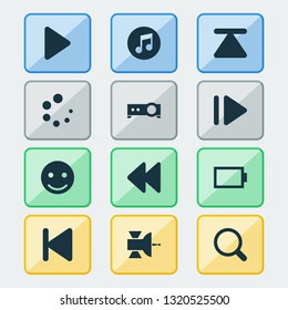 Media icons set with loading, projector, play and other start elements. Isolated vector illustration media icons.