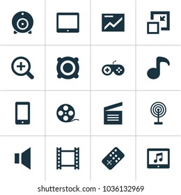 Media icons set with mute, musical note, movie clap and other gamepad elements. Isolated vector illustration media icons.