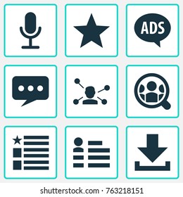 Media icons set with relation, questionnaire, message and other search elements. Isolated vector illustration media icons.
