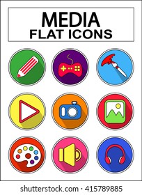 Media icons set. Vector flat illustrations with long shadows stylish colors. Symbol for app and technology. Isolated on white background.