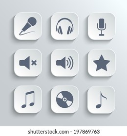 Media icons set - vector white app buttons with microphone retro classic headphones mute volume star music note disc